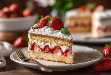 Delicious layered strawberry shortcake with whipped cream and fresh berries on a decorative plate in a cozy bakery setting