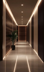 Modernstyle corridor with white walls and dark woodgrain walls a minimalist design There is an LED light strip on the ceiling of each room the lighting shining dir