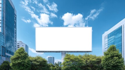 Large outdoor digital billboard in an urban cityscape with modern glass buildings.