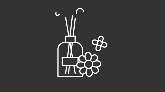 Animated air diffuser white line icon. Natural freshener with sticks and flowers animation. Aromatherapy for wellbeing. Household. Isolated element on dark background. Alpha transparent video