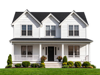 Suburban Family Home with Green Lawn, Front View, Transparent Background