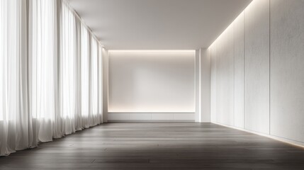 Minimalist modern empty room with large windows and soft natural lighting.