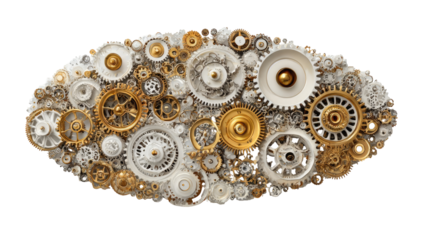 Oval cluster of gears, gold and white