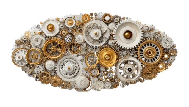 Oval cluster of gears, gold and white