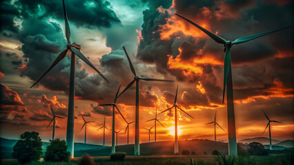 Wind turbines generating clean energy against a dramatic sunset and cloudy sky landscape view
