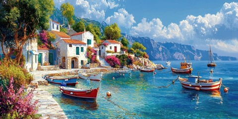 Obraz premium Coastal mediterranean village with white stone houses, red roofs, small fishing boats docked in clear blue sea, rocky shoreline, distant mountains, sunny sky with clouds. Generative by AI.