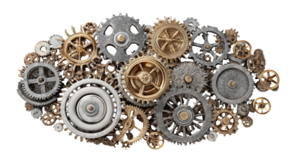 Complex network of interconnected gears in various metallic tones