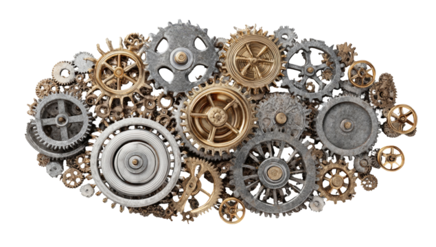 Complex network of interconnected gears in various metallic tones - Powered by Adobe