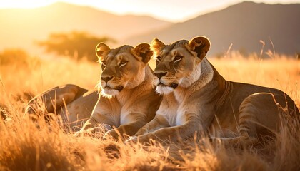 Obraz premium Two lions rest in golden savanna light