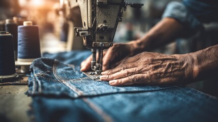 Skilled denim jeans sewing on industrial machine in fabric production factory environment.