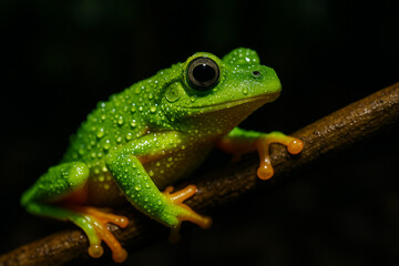 Obraz premium Close-up of a Bright Green Frog Covered in Water Droplets