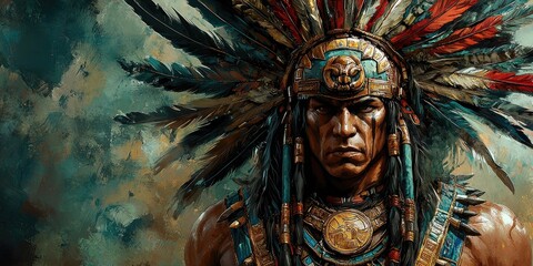 Man wearing elaborate feathered headdress and chest armor with turquoise, red, brown details standing outdoors with others behind. Generative by AI.