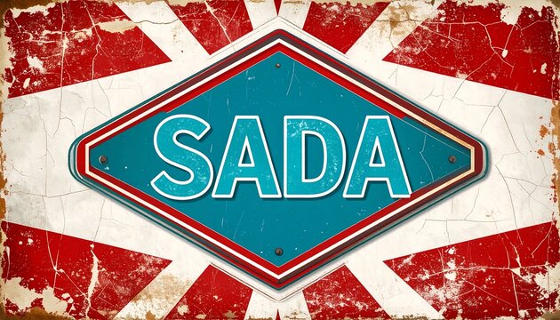 Vintage-style sign displaying the word "SADA" in a teal, distressed diamond shape, set against a backdrop of cracked white paint and radiating red and white stripes.