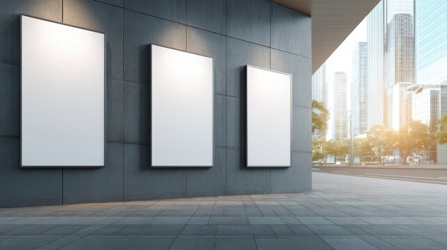 Modern urban outdoor scene with three large blank billboards on concrete wall.