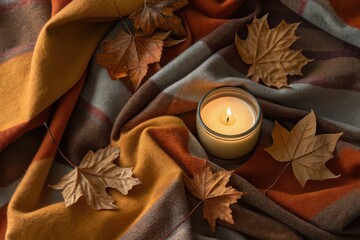 Cozy autumn scene with candle and falling leaves