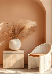 hyper realistic photo photoshoot set wit peachy background colour set of contemporary furniture and accessorie soft natural light