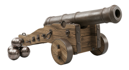 Isolated Antique Cannon with Cannonballs