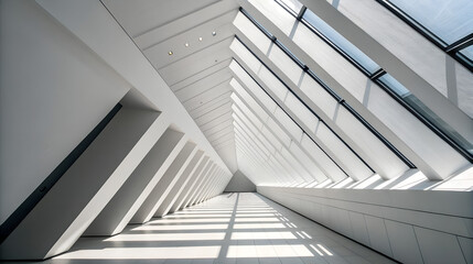 Obraz premium Modern architectural interior with geometric shapes and sunlight streaks