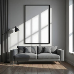 Contemporary Living Room Poster Frame Mockup with Beige Wall, Mid-Century Sofa and Decorative Plant in Photorealistic Interior
