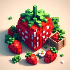 Strawberry cherry fruits voxelart style 3d digital illustration blocks concept