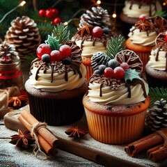 Cupcakes with chocolate and cherries fruit baked food decoration christmas