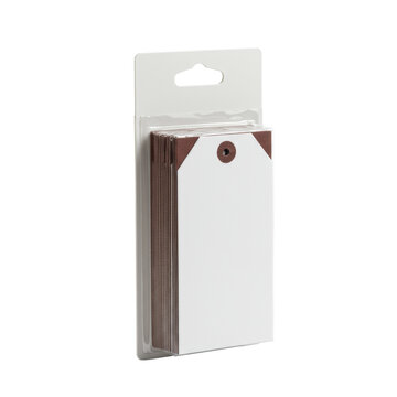 Pristine hang-sell retail pack of gift tags with subtle designs, neatly secured to a clean cardboard backer with a hanging hole, isolated on a seamless transparent background under bright studio
