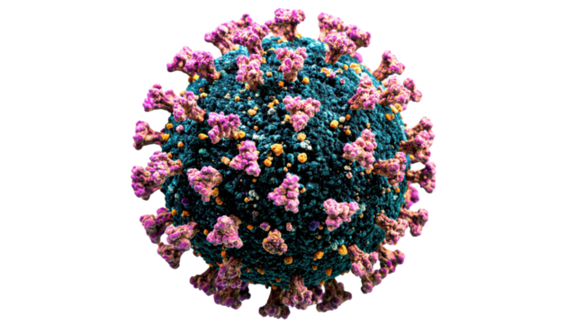 3D-rendered SARS-CoV-2 virus particle with a textured spherical core covered in purple spike proteins and scattered yellow surface features.
