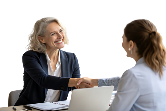Woman shakes hands with another woman - Powered by Adobe