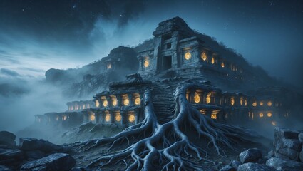 Ancient Temple Illuminated in Misty Night with Roots and Stars