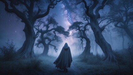 Hooded Figure Walking Through Enchanted Forest under Starry Sky