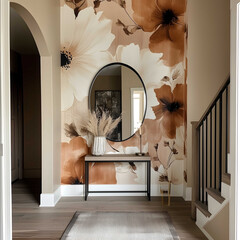 10 foot tall entryway wall with large scale light burnt sienna floral wallpaper home design inspiration style