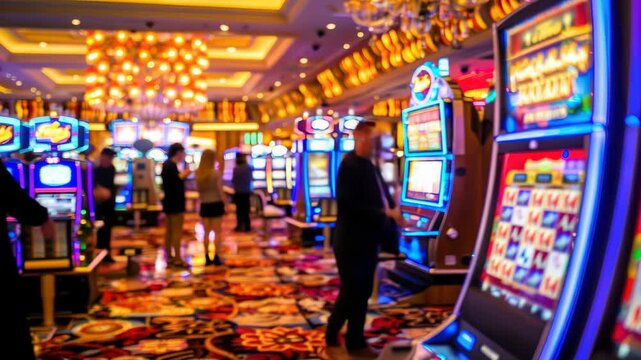 Vibrant casino floor with slot machines, captured at eye level. The video showcases a lively atmosphere with colorful lights and patterned carpets.