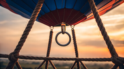 View from inside a hot air balloon basket at sunrise with colorful sky