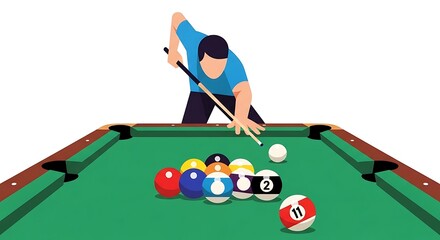 Fototapeta premium Vector Illustration of a Pool Player Aiming at the Balls on a Green Billiard Table