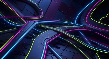 Dynamic neon light trails over abstract futuristic structures, perfect for tech concepts