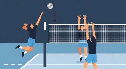 Illustrative Representation of a Volleyball Match with Players in Action and Net