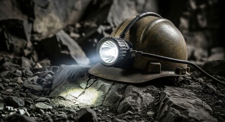 Miners Helmet with Headlamp in Dark Mine Shaft