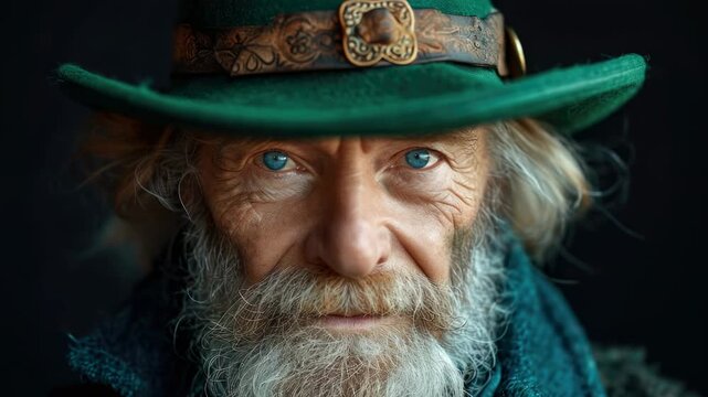 Elderly man with striking blue eyes and a green hat showcases a wise expression set against a dark background
