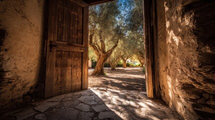 Obraz premium Rustic wooden door open to outdoor courtyard with trees and sunlight in rural setting.