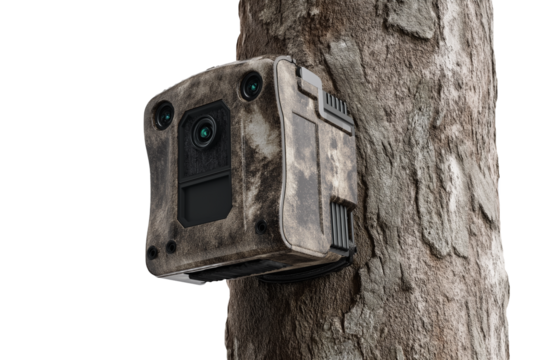 Trail camera mounted on tree for wildlife monitoring and observation in natural outdoor setting on transparent background