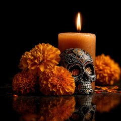 Vibrant marigolds and decorative skull near a candle create an enchanting ambiance for a celebration