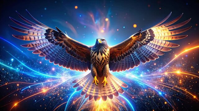 Fantasy Eagle with Glowing Wings as Power and Freedom Symbol, majestic eagle with glowing wings fantasy background, Majestic Bird of Prey in Mythical Light and Energy Background