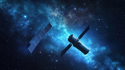 Obraz premium Spacecraft with solar panels in the vastness of space.