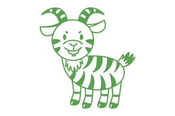 Adorable green goat has unique stripes and horns, making it cheerful and fun