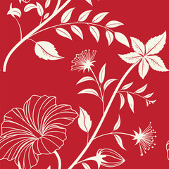 Elegant floral seamless pattern on red background with white blossoms and leaves. Perfect for fabric, wallpaper, and decorative prints. Stylish botanical vector illustration design.