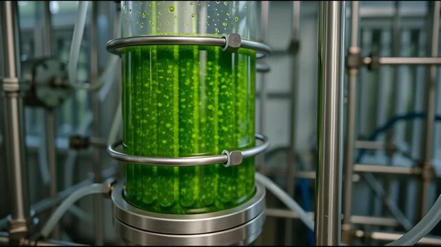 A bioreactor containing green algae submerged in a liquid, likely used for biofuel or research purposes.