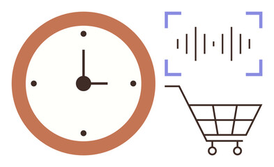 Clock with four dots marking hours, audio waveform framed by scanners, and a shopping cart. Ideal for time tracking, digital tools, productivity, e-commerce, smart tech AI and innovation. Simple