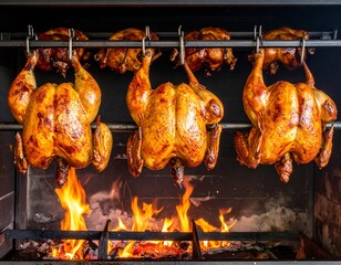 Naklejka premium Roasted chickens on a spit over flames