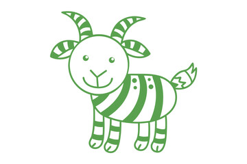 Cheerful green goat outline with stripes stands happily against a white background