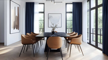 A modern dining area in an apartment with large windows navy blue curtains white walls and wood floors The room features modern art on the wall a black marble tabl